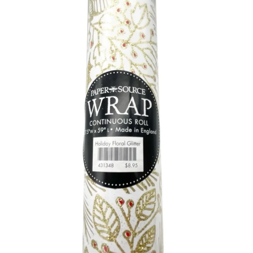 NWT Paper Source Holiday Floral Glitter Wrapping Paper Roll 27.5”x59” Gold & Red